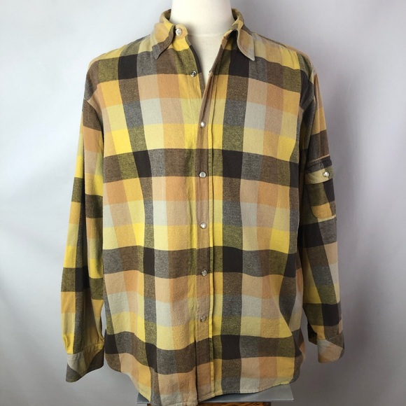 Dickies plaid flannel yellow brown snap shirt SzXL - Picture 2 of 8